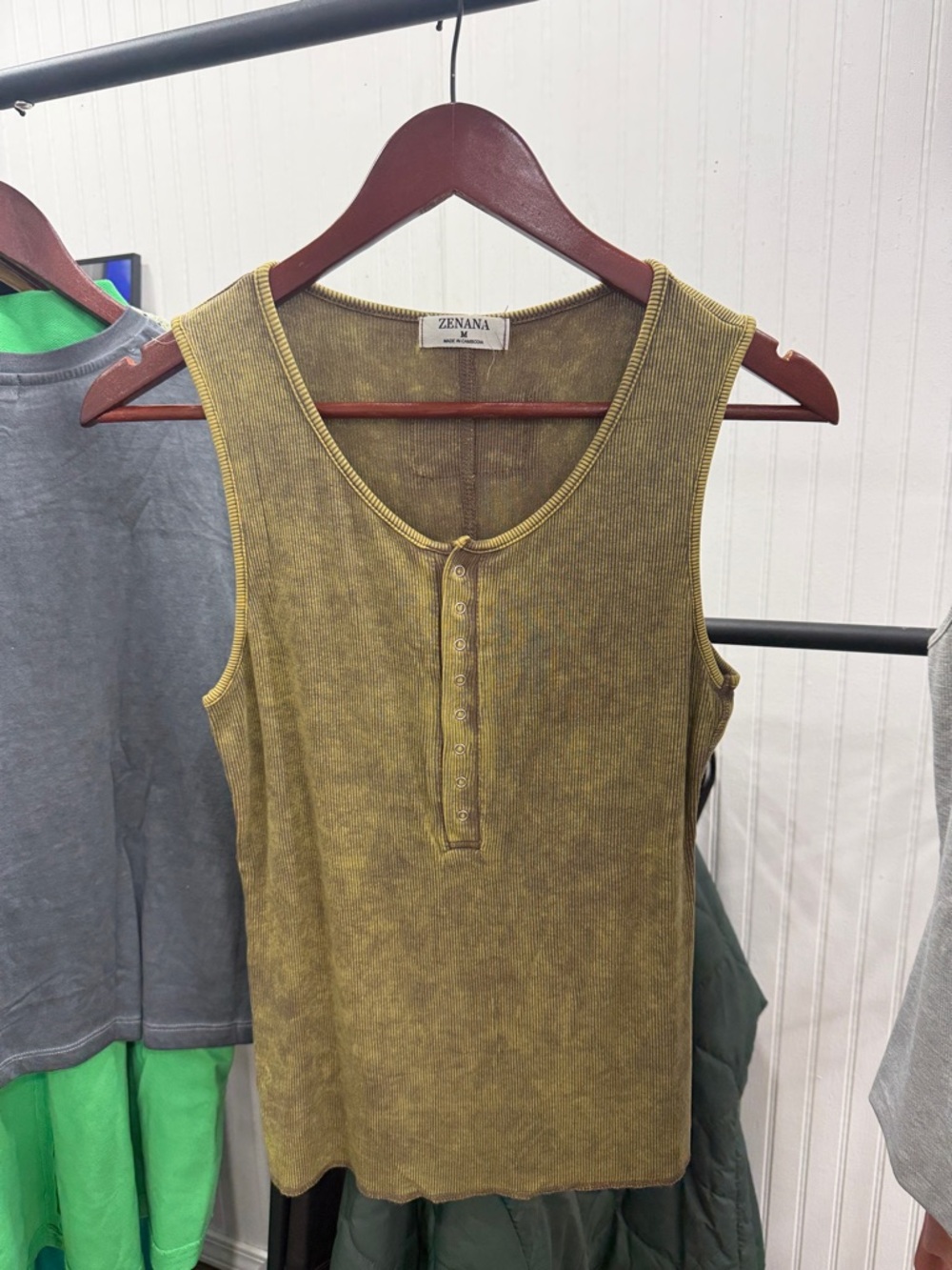 Zenana Outfitters Brown Acid Wash Ribbed Henley Tank - Button Front